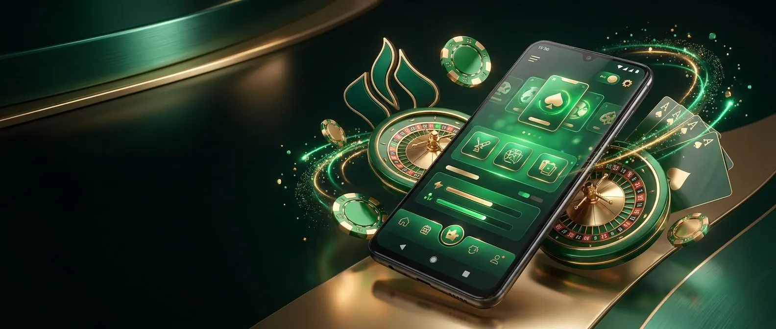 Banner promocional com smartphone Android e elementos visuais de entretenimento digital