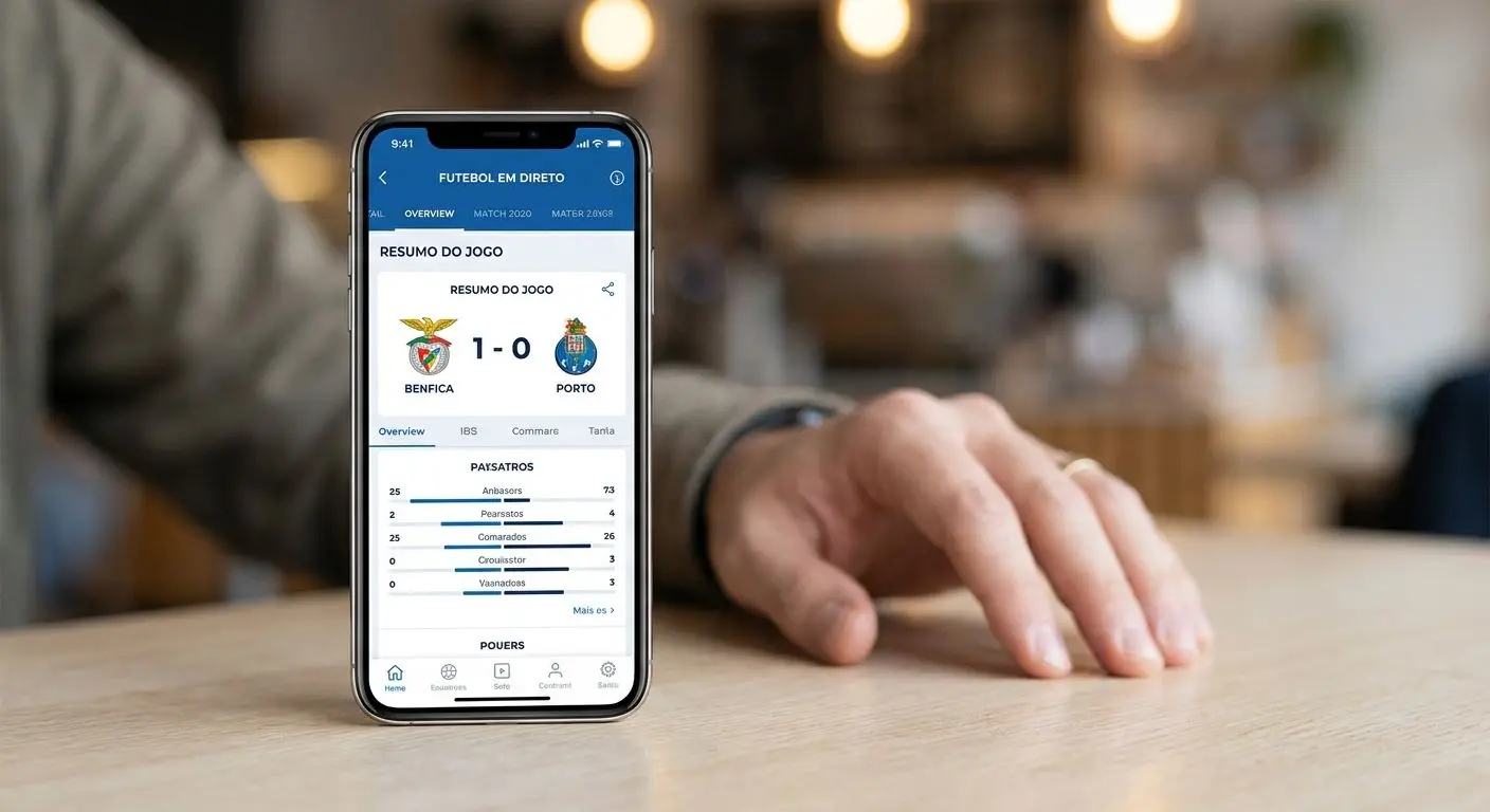 Visão geral da app desportiva no smartphone com destaque para futebol