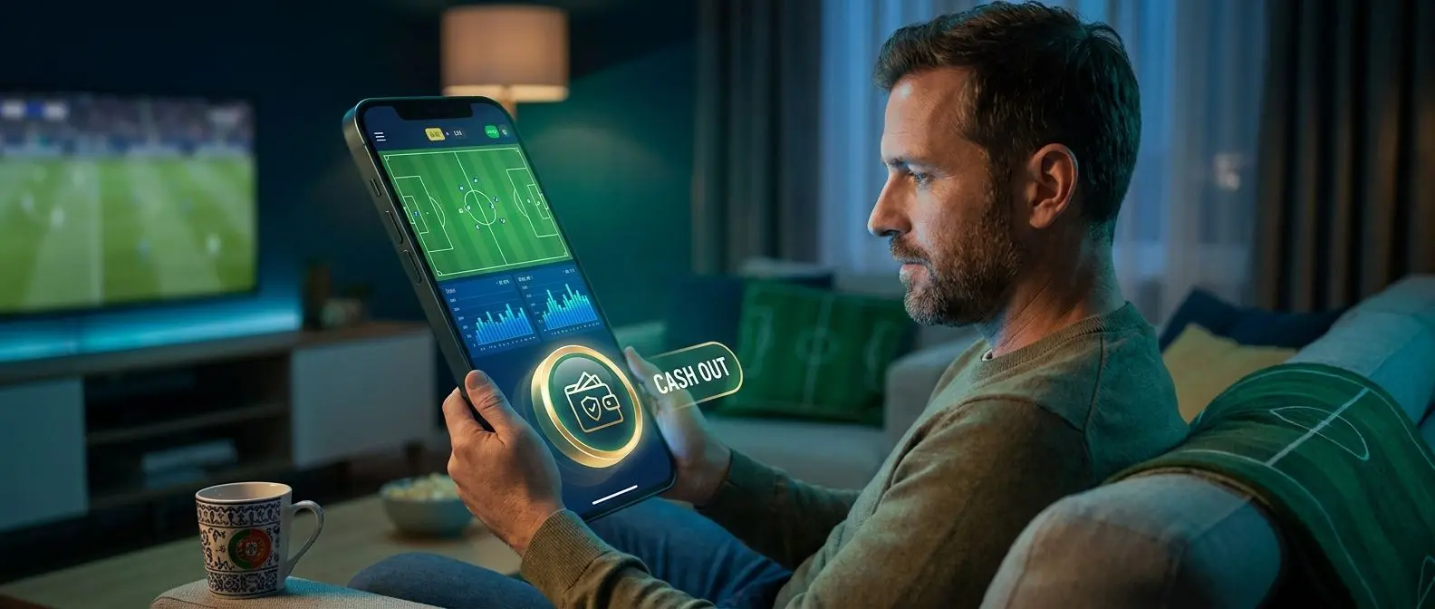 Utilizador acompanha jogo em direto no telemóvel com opção de Cash Out em destaque