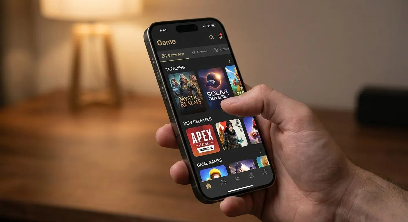 Interface geral da app no ecrã de um telemóvel com vários jogos listados
