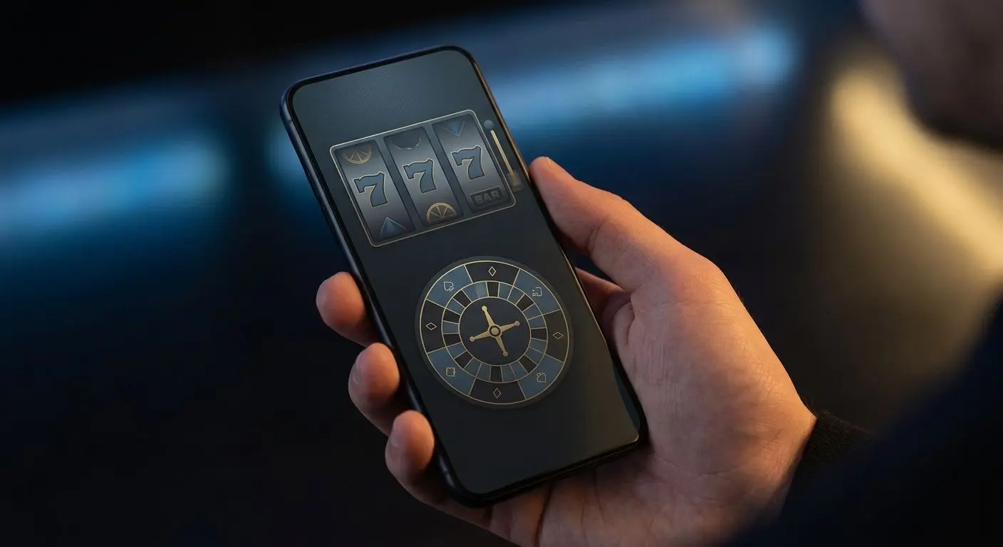Telemóvel na mão com interface móvel de jogos e mesa em destaque
