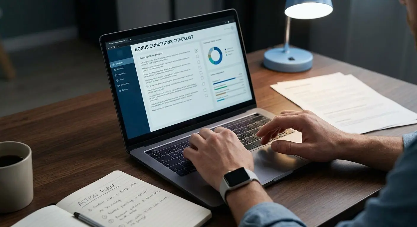 Checklist antes de usar um código promocional Utilizador a analisar condições promocionais com checklist num ecrã