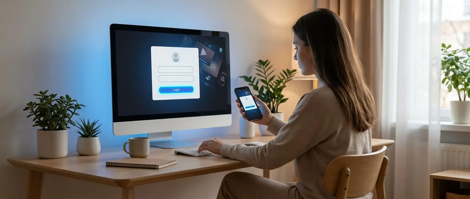 Utilizador a aceder à conta online no computador e telemóvel