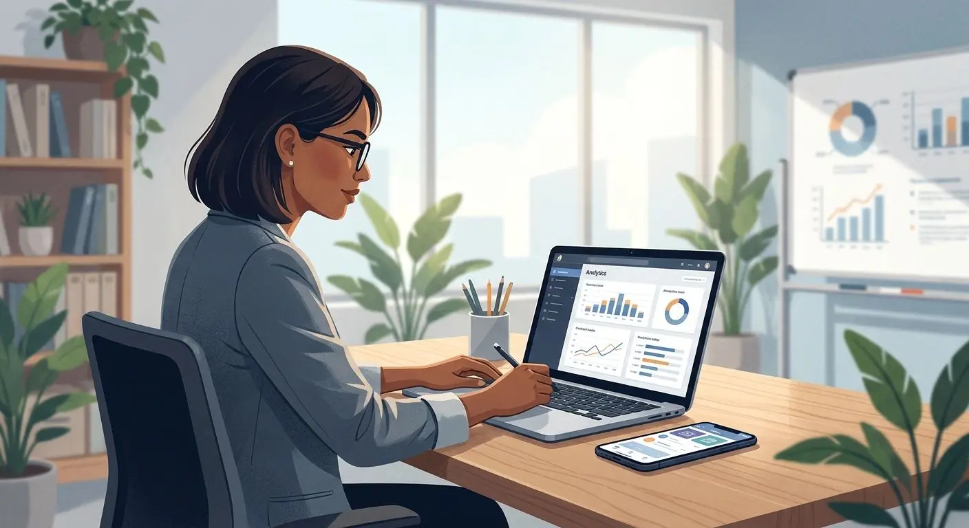 Ilustra&ccedil;&atilde;o de especialista em produtos m&oacute;veis e an&aacute;lise digital