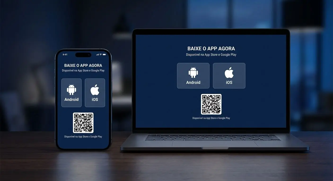 Ecr&atilde; de download da app com op&ccedil;&otilde;es Android iOS e QR code