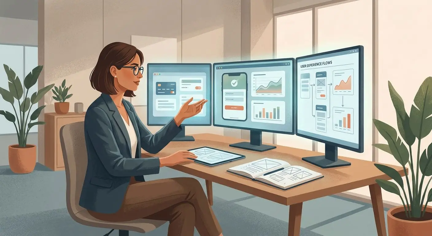 Ilustração de analista a avaliar interfaces de pagamentos digitais
