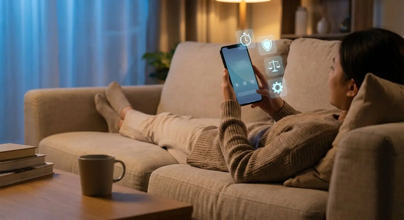 Utilização responsável da app no iPhone com ícones de limite e segurança