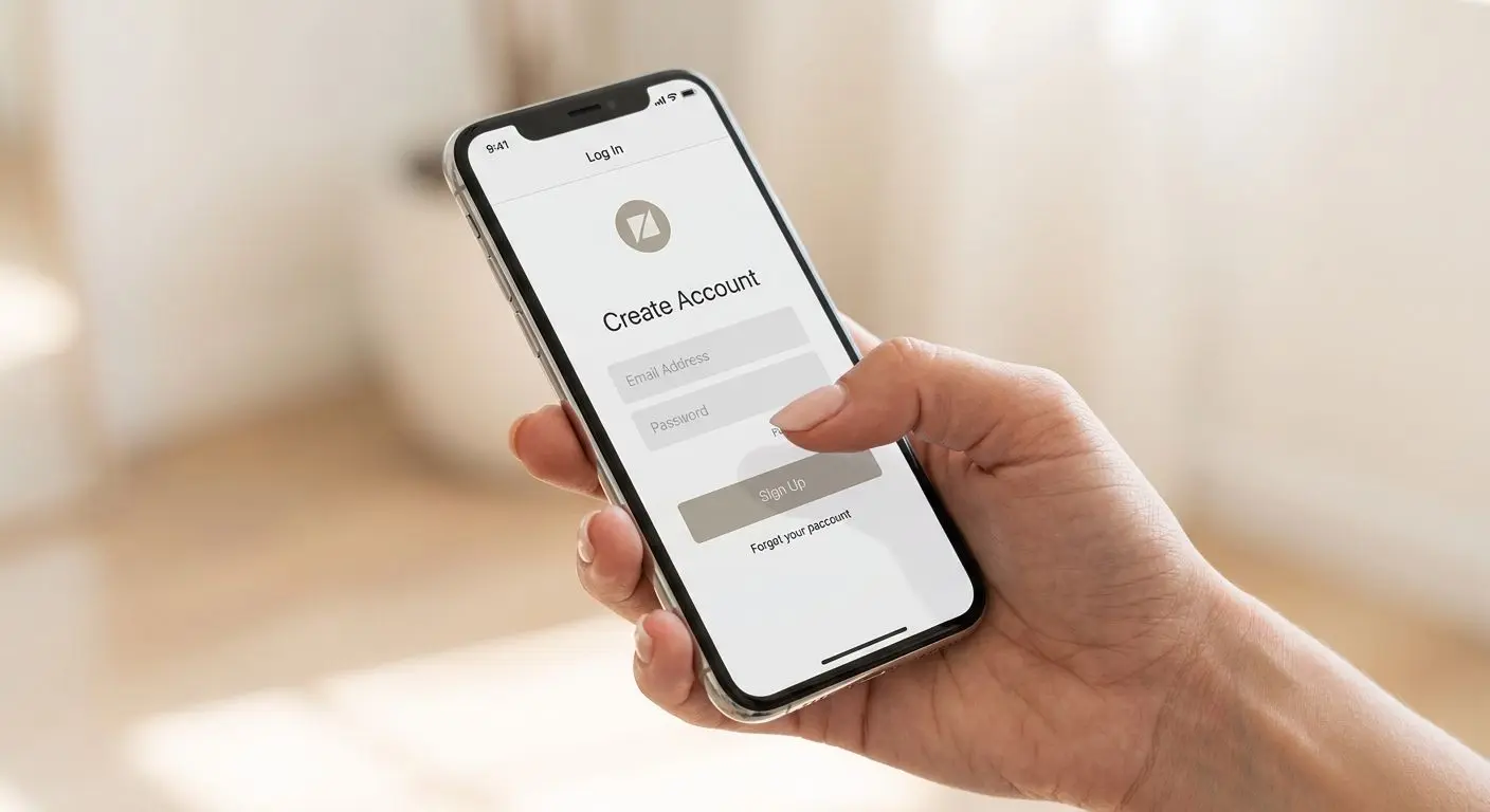 Ecrã de registo e login da app num iPhone na mão de um utilizador