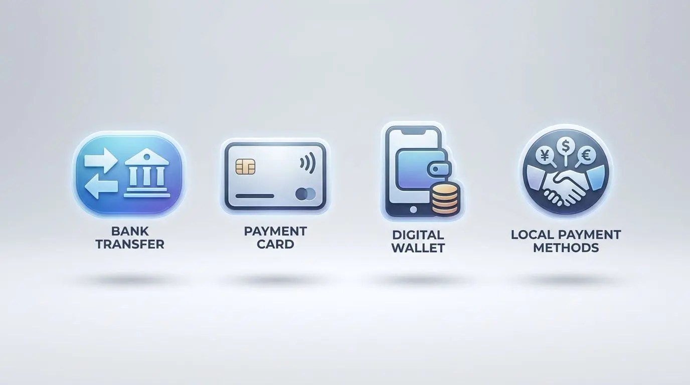 Ícones de métodos de levantamento como banco, cartão e carteira digital