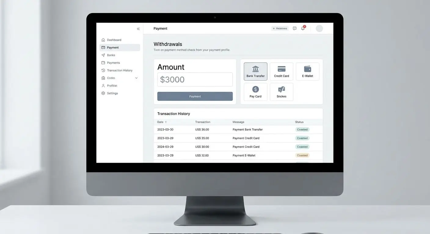 Painel genérico de banca com secção de levantamentos num site online