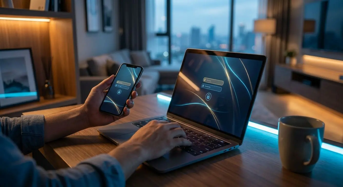 Utilizador a iniciar sessão numa plataforma online em portátil e telemóvel