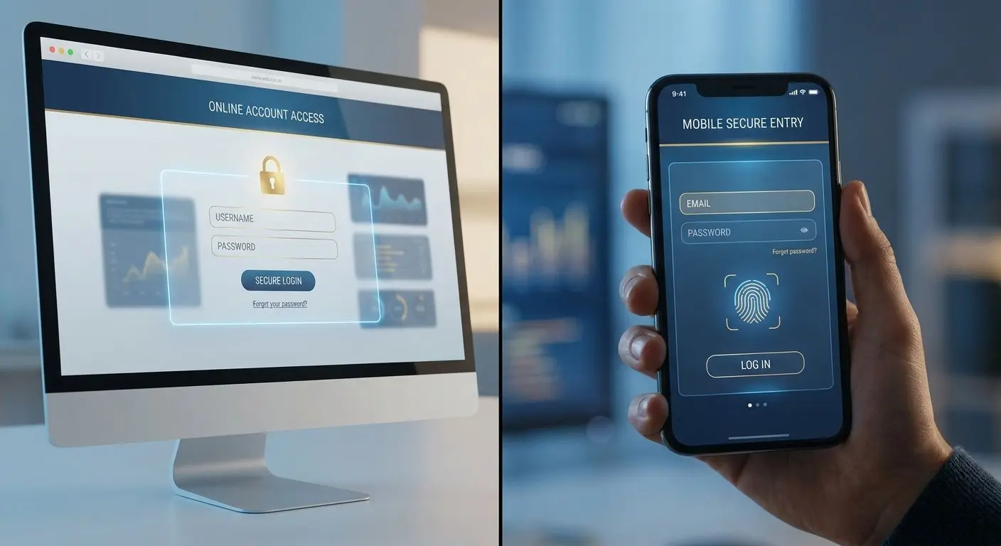 Interface de login no site e na app em vista combinada