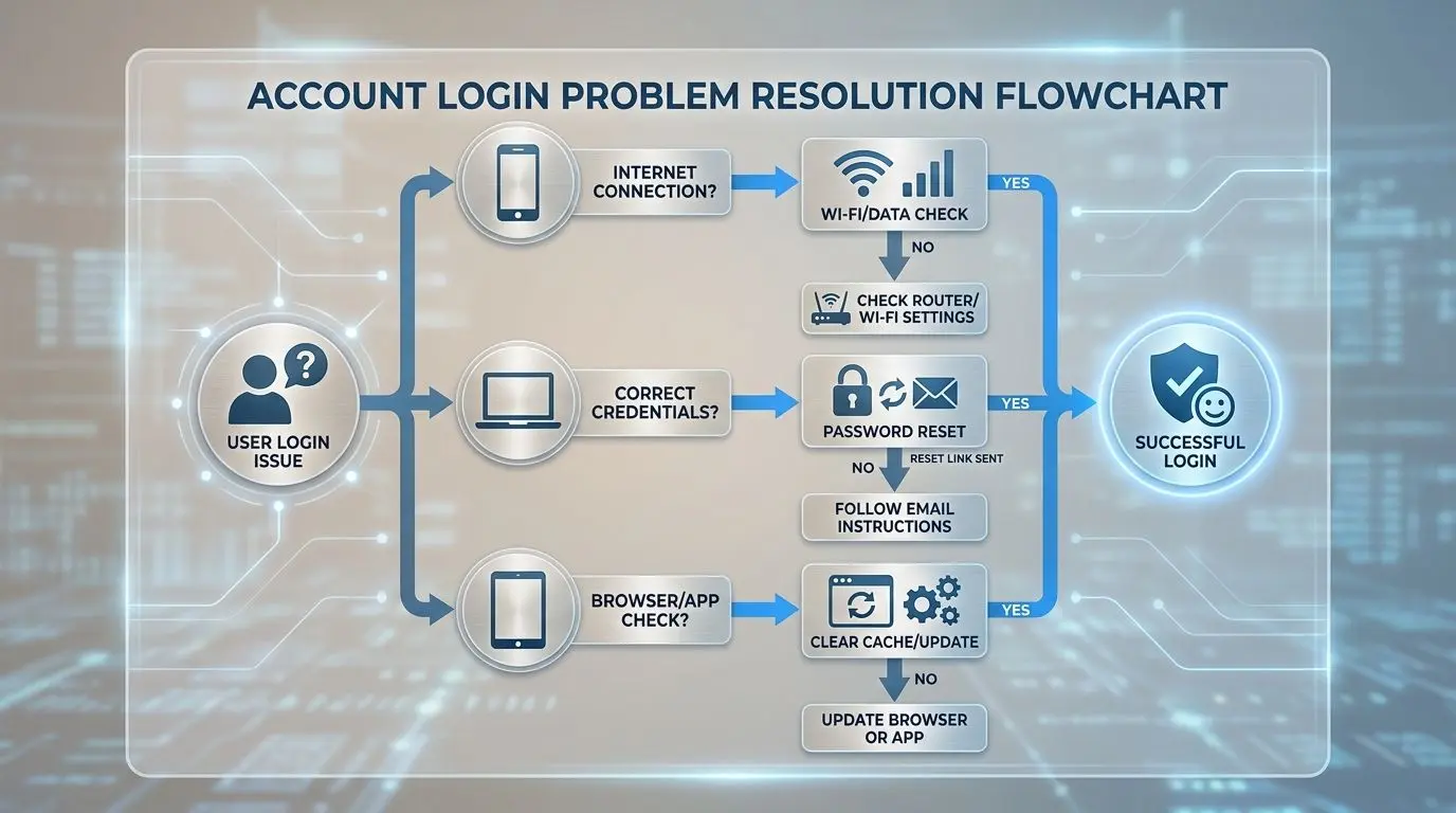 Esquema visual de problemas de login e soluções rápidas