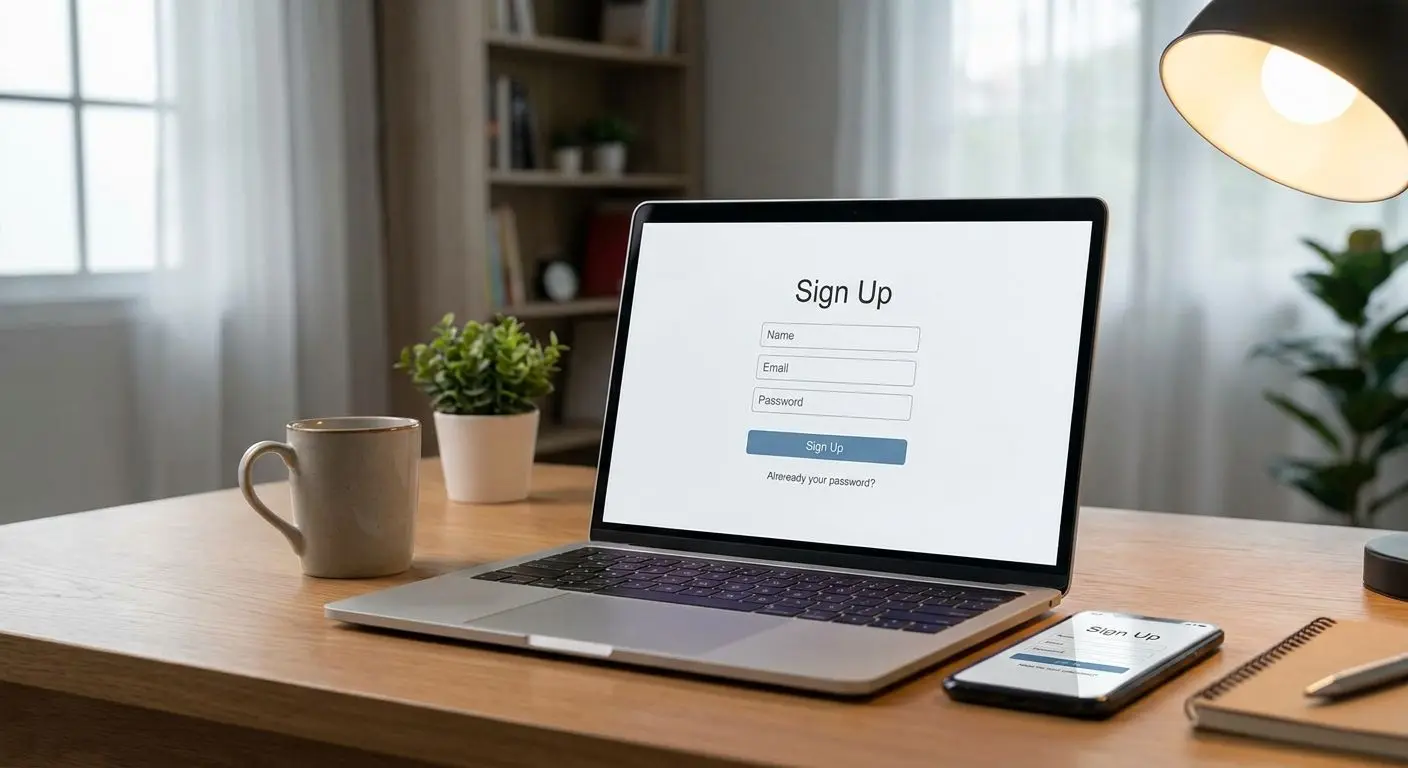 Ecrã de registo online num portátil e smartphone