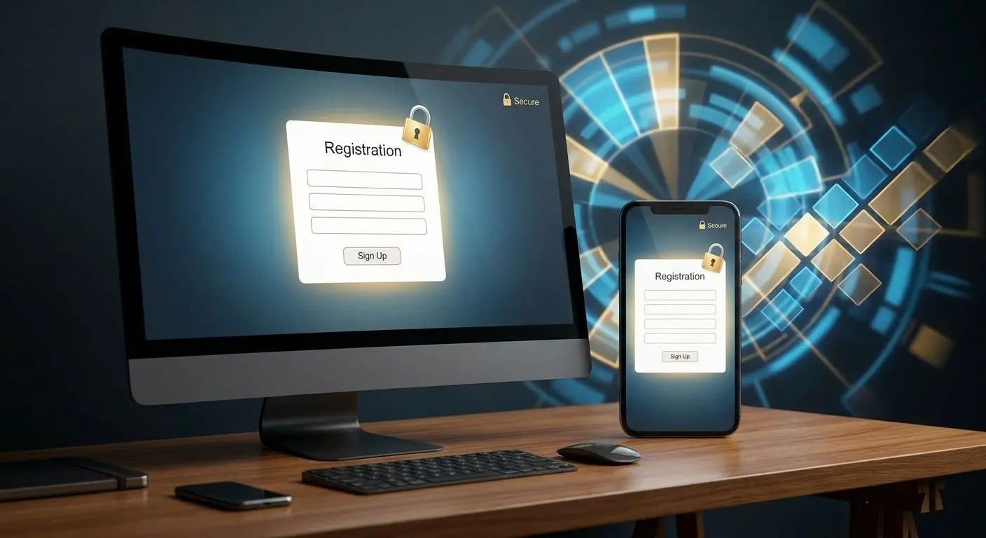 Interface de registo simples em desktop e telemóvel com foco em segurança