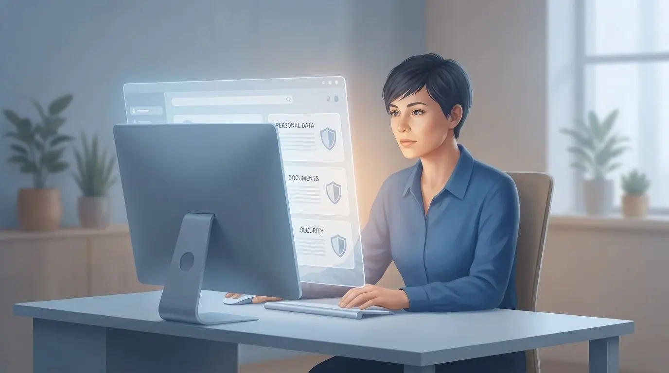 Utilizador a consultar dados da conta e documentos legais num painel claro