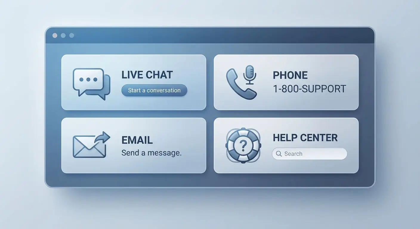 Ícones de chat, telefone e e-mail para canais de suporte