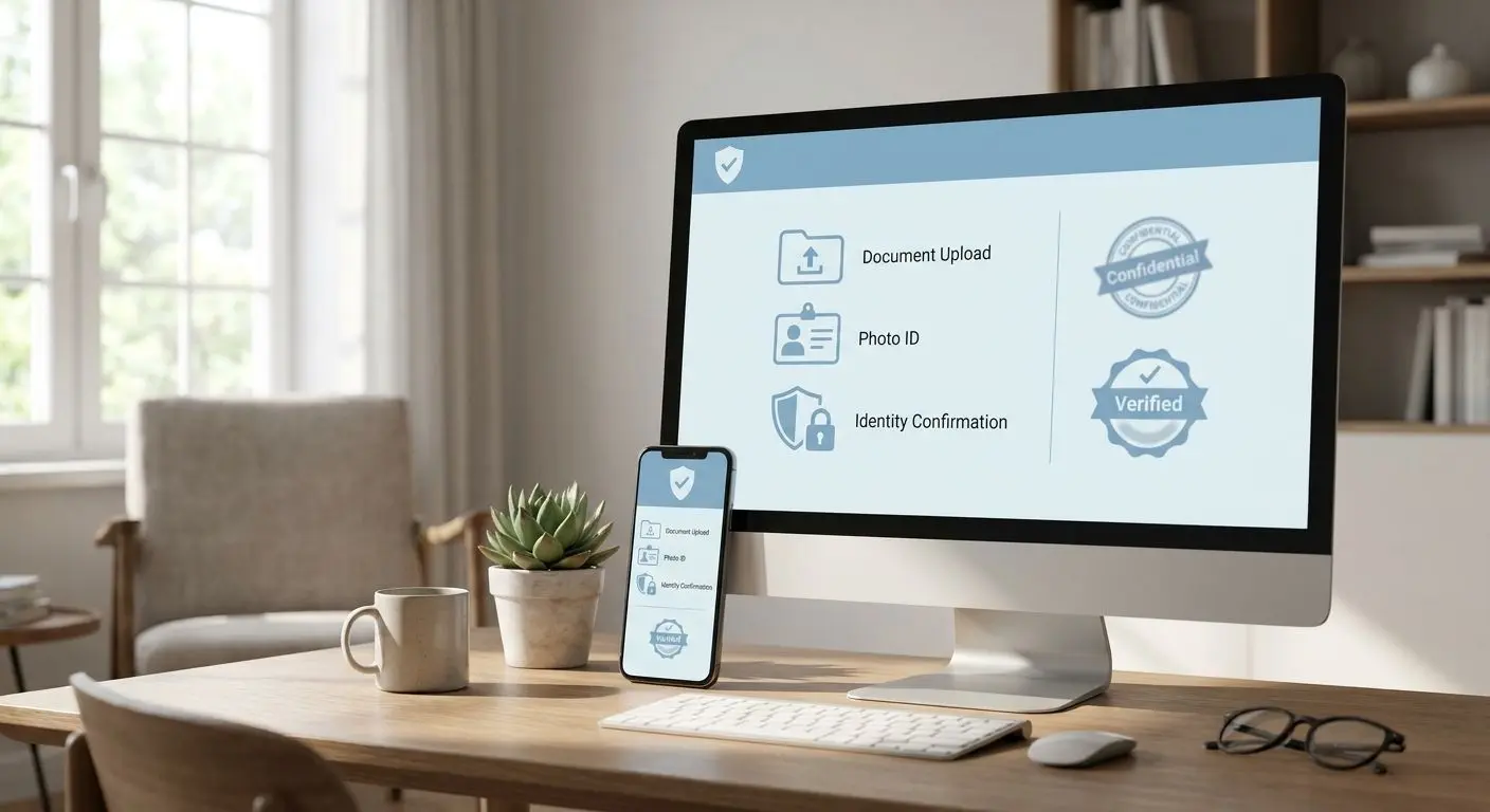 Ecrã de desktop e telemóvel com área de verificação de conta num ambiente seguro